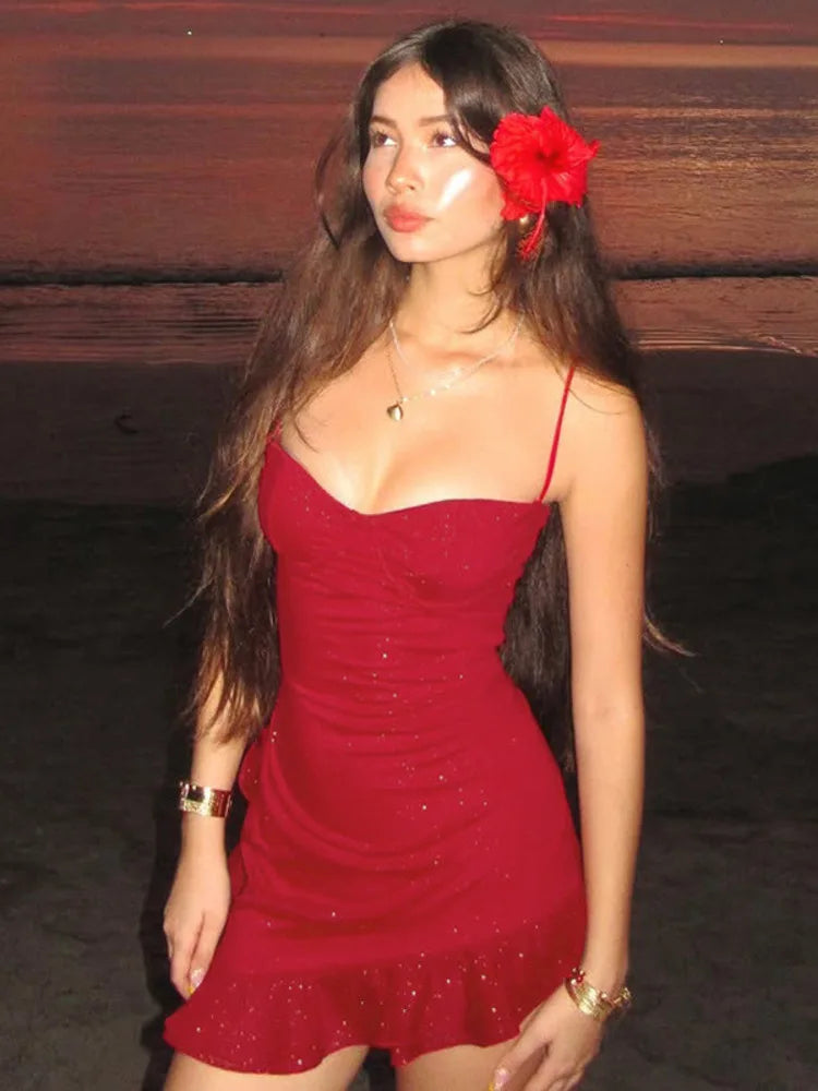 Spaghetti Strap Ruffled Sexy Mini Dress For Women Red Fashion Sleeveless Backless High Waist A-line Club Party Dress