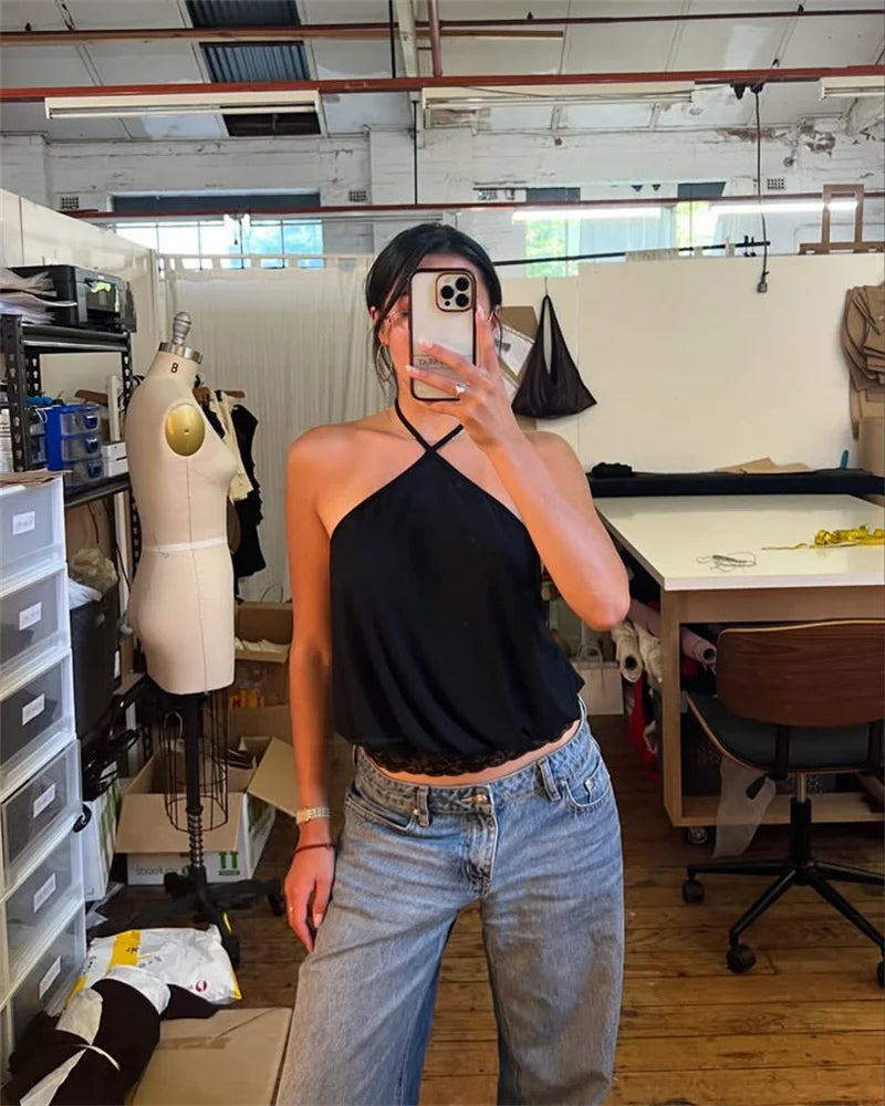 Halter Backless Sexy Mini Dress Women Robe Fashion Summer New Lace Patchwork Sleeveless Pleated Ruffled Club Dress