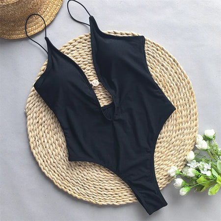 Halter Deep V neck One Piece Swimsuit 2024 Swimwear for Women Sexy High Cut Bathing Suit Bandage Monokini