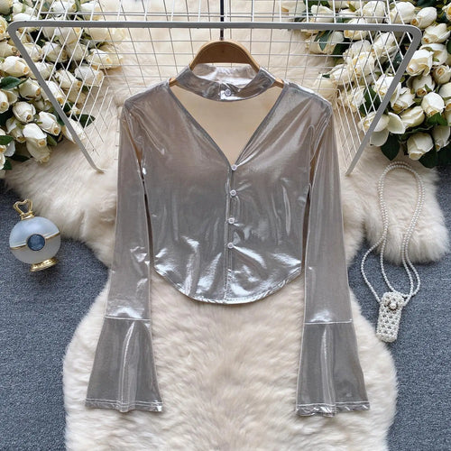 Load image into Gallery viewer, Vintage Solid Sexy Slim High Quality T Shirt Women Elegant Short Tops Spring Autumn Club Party Flared Long Sleeve Tee Shirt Chic
