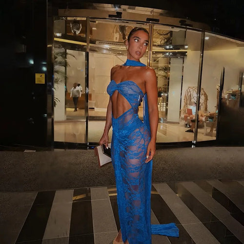 Load image into Gallery viewer, Lace See Through Strapless Sexy Maxi Dress For Women Gown Halter Hollow Out Sleeveless Backless High Split Long Dress
