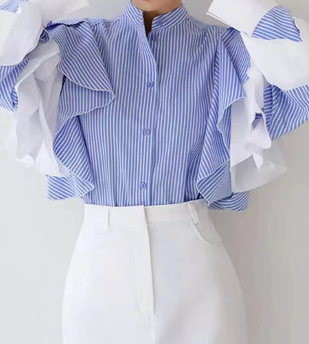 Colorblock Striped Casual Blouses For Women Stand Collar Butterfly Sleeve Spliced Single Breasted Shirt Female