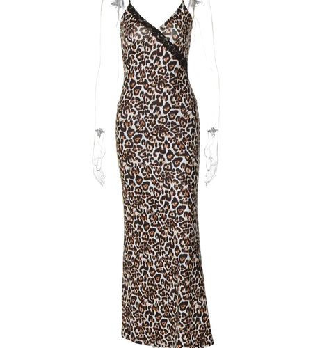 Leopard Print Slips V Neck Patchwork Sexy Bodycon Maxi Prom Dress Fall Women Fashion  Y2K Outfits Festival Night Party