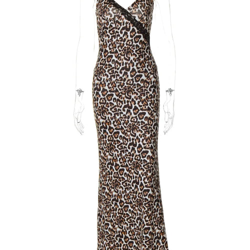 Load image into Gallery viewer, Leopard Print Slips V Neck Patchwork Sexy Bodycon Maxi Prom Dress Fall Women Fashion  Y2K Outfits Festival Night Party

