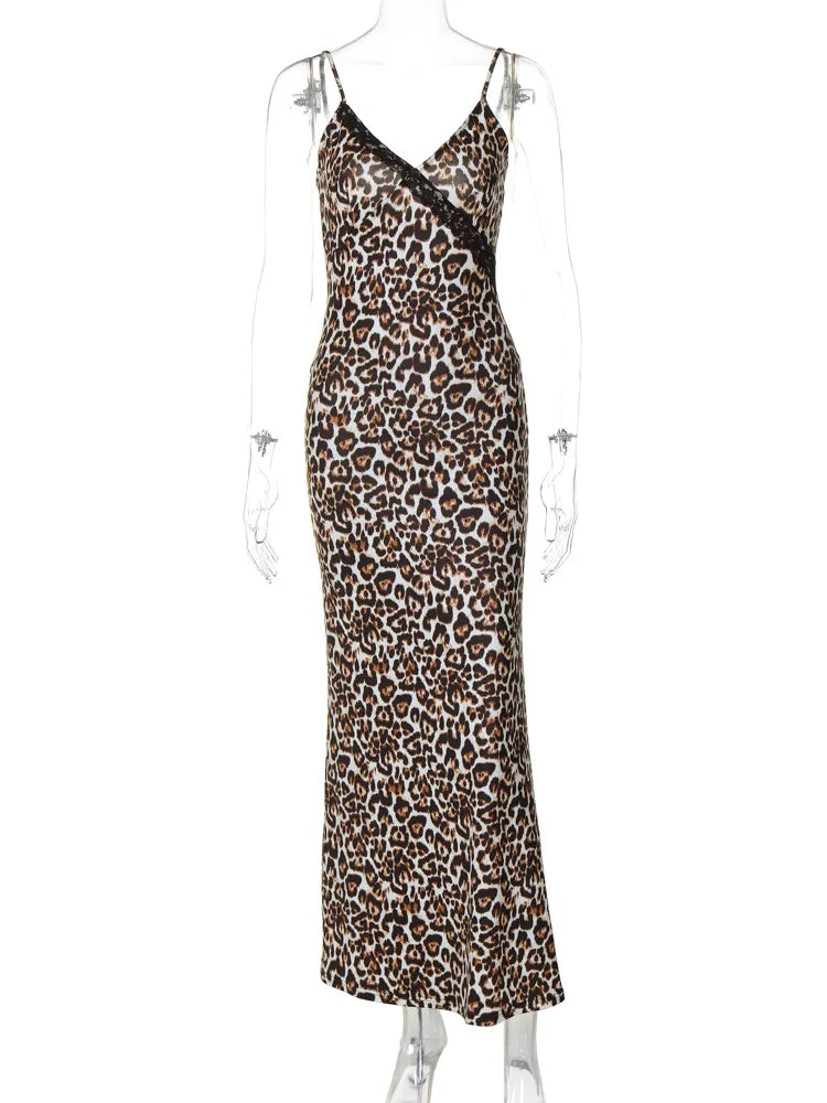 Leopard Print Slips V Neck Patchwork Sexy Bodycon Maxi Prom Dress Fall Women Fashion  Y2K Outfits Festival Night Party