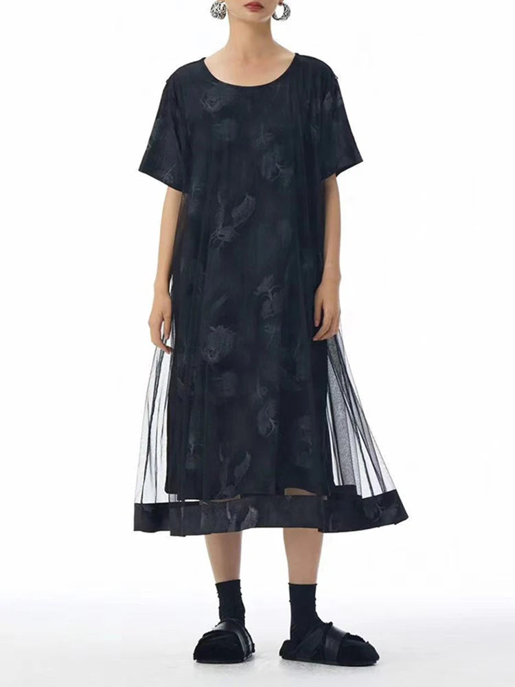 Women Blue Pattern Printed Mesh Big Size Midi Dress New Round Neck Short Sleeve Fashion Tide Spring Summer 2025 1DJ1326