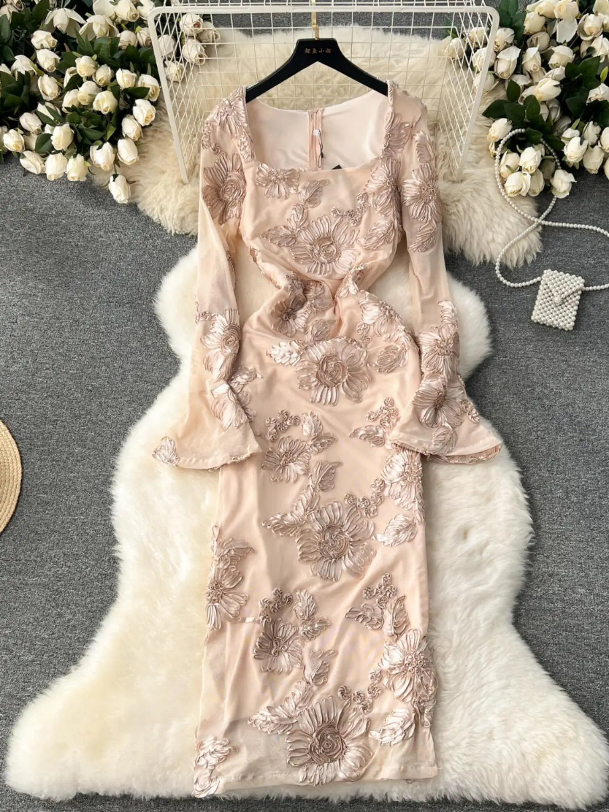 French Vintage Women Autumn Black Beige Flower Embroidery Elegant Long Sleeve Dress Ladies Square Neck Festival Party Dress Chic