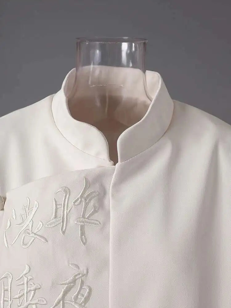 Women Beige Chinese Letter Embroidery Blazer New Stand Collar Long Sleeve Jacket Fashion Tide Spring Autumn 2025 CPG2868