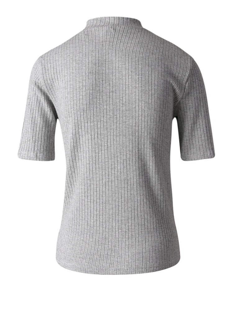 Women Black Gray Knitting Brief Slim Elegant T-shirt New Turtleneck Short Sleeve Fashion Tide Spring Summer 2025 CPG3078