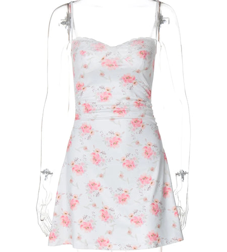 Elegant Floral Print Slips Draped Patchwork Lace Sexy Slim Mini Dress Summer Cute Outfits Birthday Party Vacation