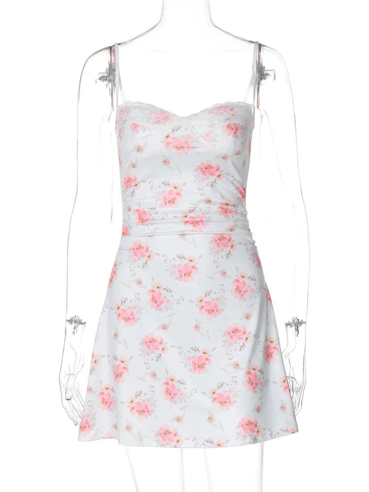 Elegant Floral Print Slips Draped Patchwork Lace Sexy Slim Mini Dress Summer Cute Outfits Birthday Party Vacation