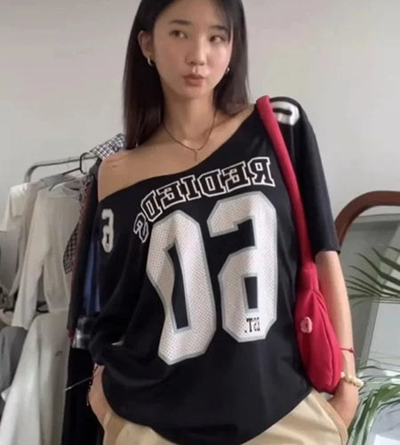 Y2k Aesthetic Summer Letter Printing T-shirts Harajuku Patchwork Loose Oversize Tops 2025 Women Harajuku Skew Collar Casual Tees