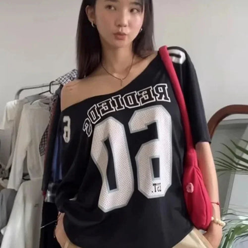Load image into Gallery viewer, Y2k Aesthetic Summer Letter Printing T-shirts Harajuku Patchwork Loose Oversize Tops 2025 Women Harajuku Skew Collar Casual Tees
