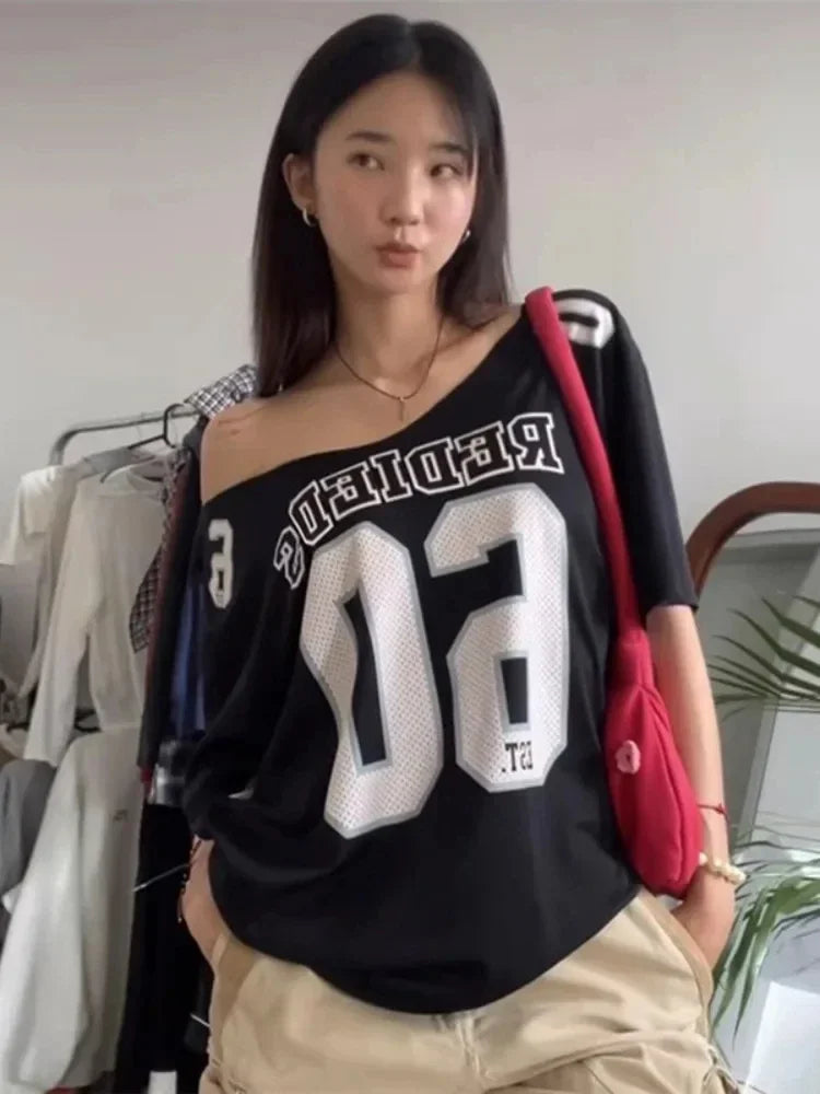 Y2k Aesthetic Summer Letter Printing T-shirts Harajuku Patchwork Loose Oversize Tops 2025 Women Harajuku Skew Collar Casual Tees