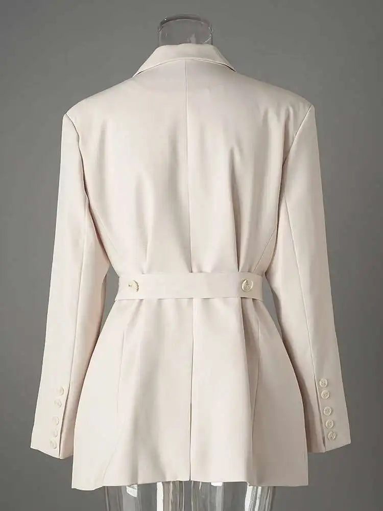 Women Beige Belted Pocket Big Size Elegant Blazer New Lapel Long Sleeve Jacket Fashion Tide Spring Autumn 2025 CPG2777