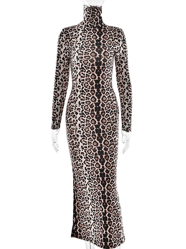 Fashion Autumn/Winter Long Sleeve Leopard Elastic Tight Dress Women Sexy Bodycon Dress Party Club Evening Dress 2025