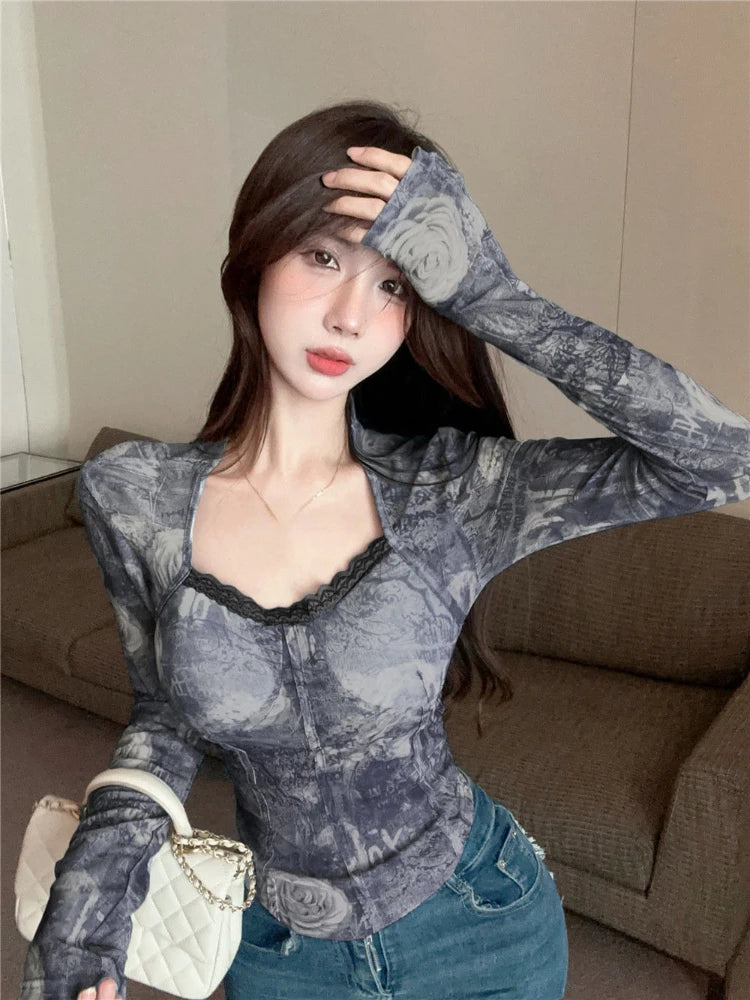 Spring Y2k Aesthetic Tie-dye Printing Tops Lace Bottoming Crop Tops Streetwear Harajuku Women Vintage Sexy Grunge T-shirt Tees