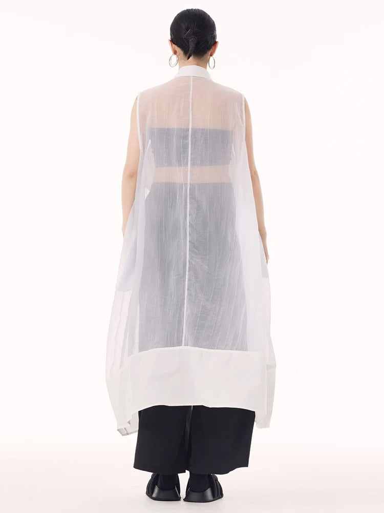 Women Black Mesh Perspective Big Size Long Shirt Dress New Lapel Sleeveless Fashion Tide Spring Summer 2025 1DH9517