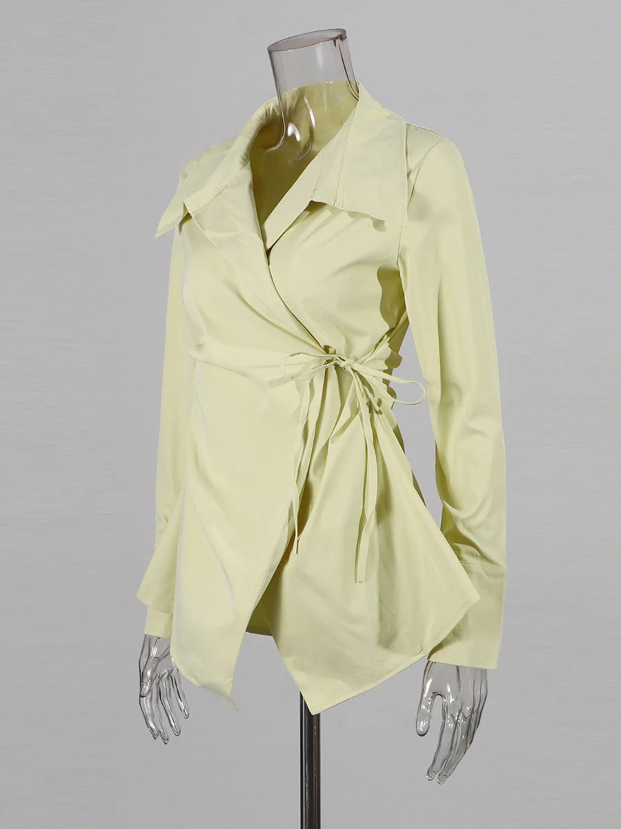 Slimming Spliced Lace Up Fashion Blouses for Women Lapel Long Sleeves Patchwork Buttons Blouse Female Clothing New