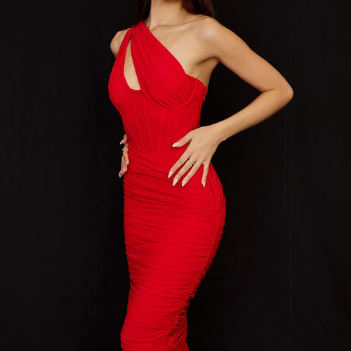 Load image into Gallery viewer, High Quality Mesh One Shoulder Backless Midi Dress For Women Fashion Hollow Out Sleeveless Ruched Long Dress Vestido
