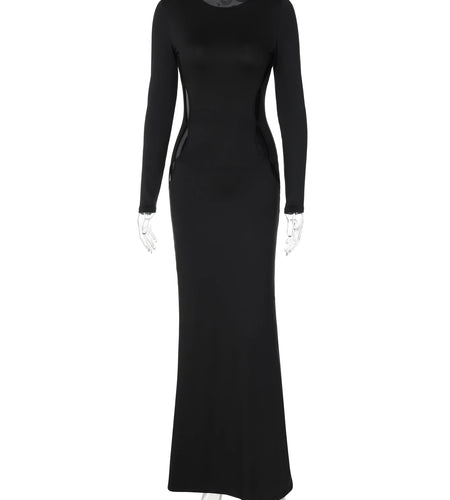 Autumn Elegant Black Long Sleeve Hollow Out Sexy Bodycon Maxi Dress Autumn Women Y2K Clothes Evening Party Birthday