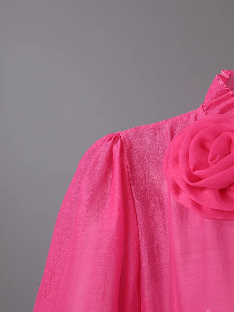 Women Rose Red Mesh Flower Big Size Mini Dress New Stand Collar Long Sleeve Fashion Tide Spring Autumn 2025 CPG3051