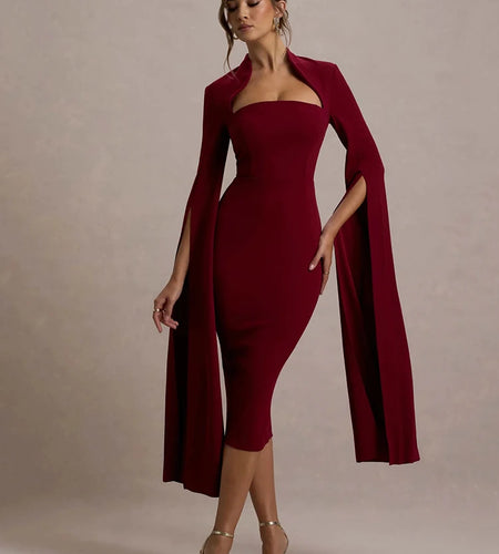Cape Long Sleeve Sexy Midi Dress For Women Autumn Winter New Square Collar Back Slit Bodycon Club Party Long Dress