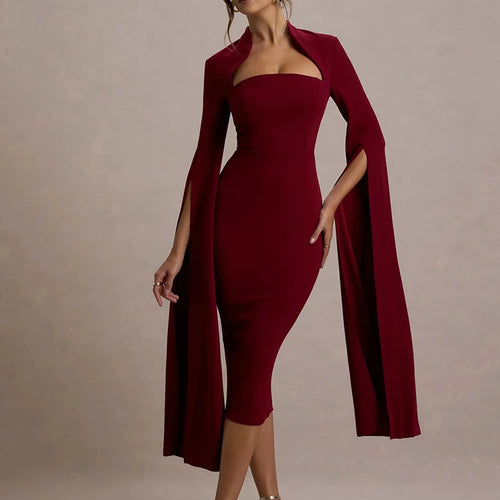 Load image into Gallery viewer, Cape Long Sleeve Sexy Midi Dress For Women Autumn Winter New Square Collar Back Slit Bodycon Club Party Long Dress

