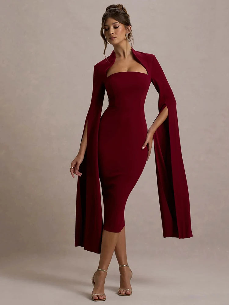 Cape Long Sleeve Sexy Midi Dress For Women Autumn Winter New Square Collar Back Slit Bodycon Club Party Long Dress