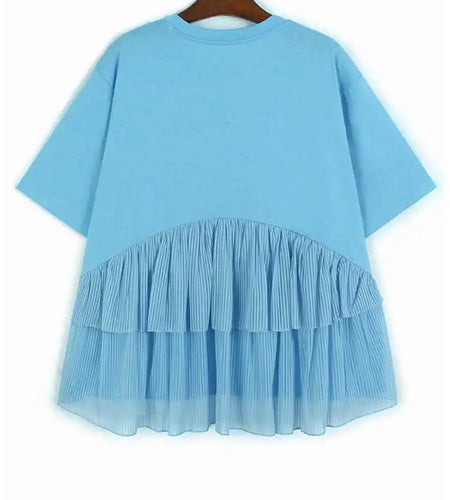 Women Blue Back Mesh Ruffles Big Size Casual T-shirt New Round Neck Short Sleeve Fashion Tide Spring Summer 2025 1DJ0181