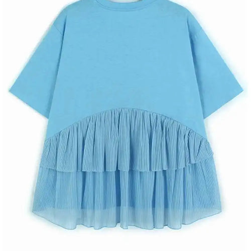 Load image into Gallery viewer, Women Blue Back Mesh Ruffles Big Size Casual T-shirt New Round Neck Short Sleeve Fashion Tide Spring Summer 2025 1DJ0181
