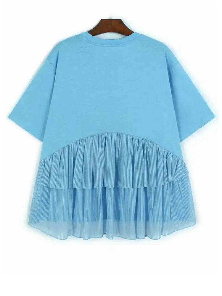Women Blue Back Mesh Ruffles Big Size Casual T-shirt New Round Neck Short Sleeve Fashion Tide Spring Summer 2025 1DJ0181