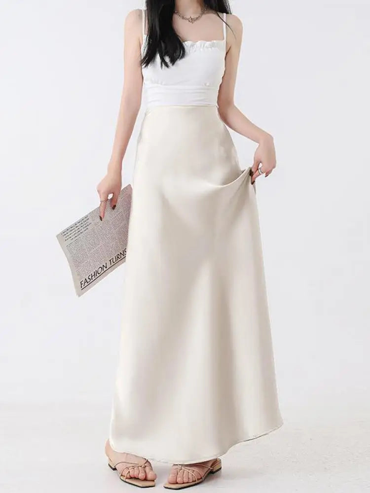 Korean Black Beige A-line Pleated Long Skirt Spring Summer Women 2024 Streetwear Pink High Waist Elegant Wrapped Hip Skirt Trend