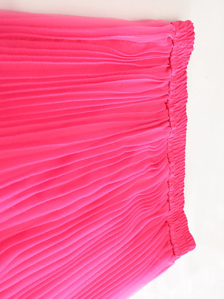 High Elastic Waist Rose Red Duoble Layers Organza Pleated Half-body Skirt Women Fashion New Spring Autumn 2025 1DJ0987