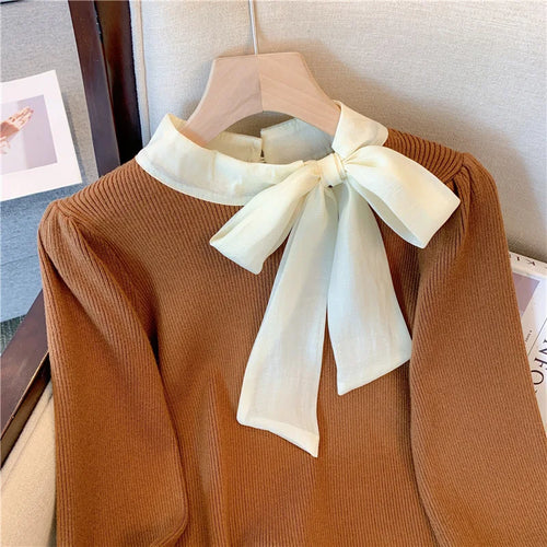 Load image into Gallery viewer, Black Patchwork Bow Collar Women Elegant Sweater Korean Chic Slim Knitted Long Sleeve Office Lady Pullover Top Autumn Winter New
