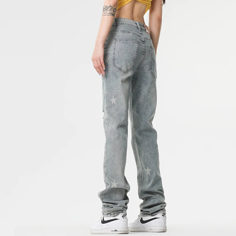 Men's Jeans Star Printing Design New American Style Straight Wide Leg Stylish Male Casual Summer Clothing 2025 9W1964