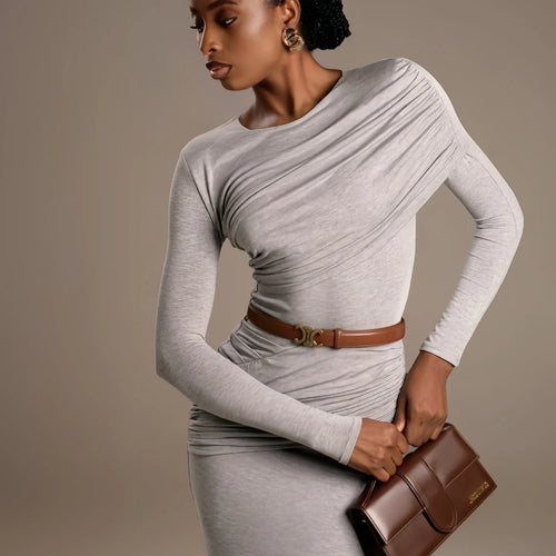 Load image into Gallery viewer, Fashion Round Neck Long Sleeve Elastic Tight Dress For Women 2025 Spring New Elegant Party Dress Slim Medium Long Dress
