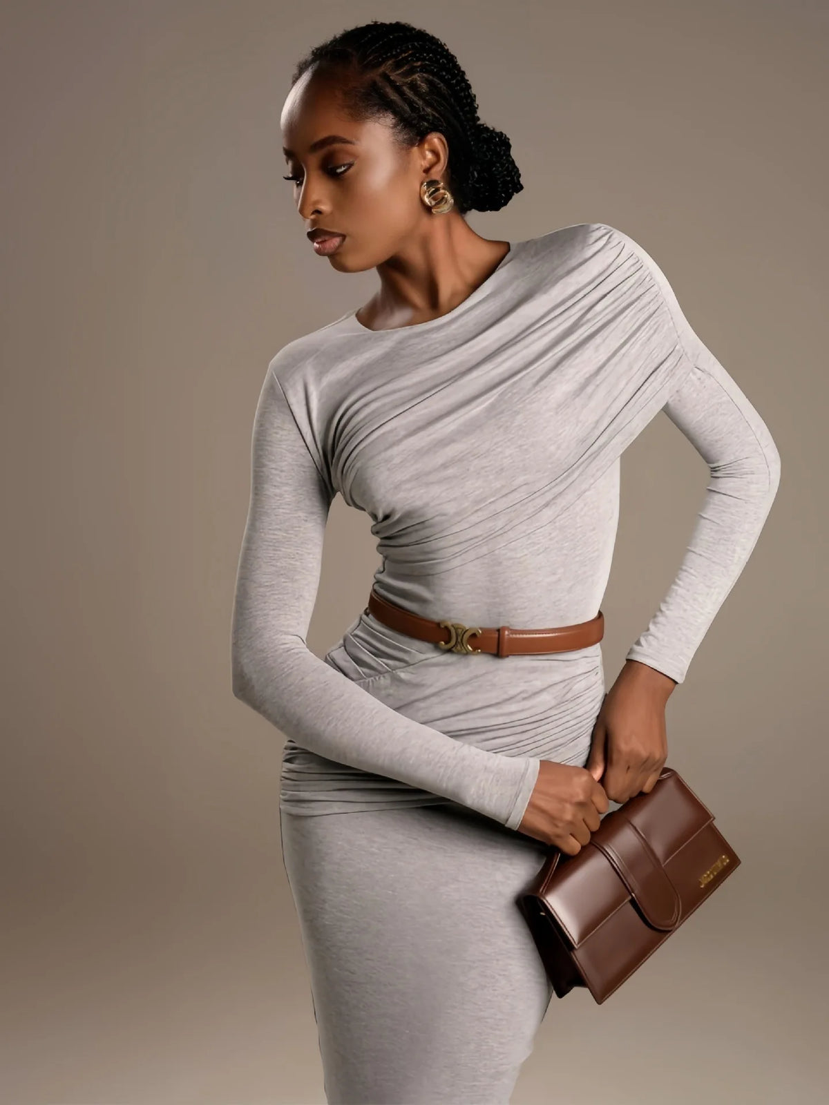 Fashion Round Neck Long Sleeve Elastic Tight Dress For Women 2025 Spring New Elegant Party Dress Slim Medium Long Dress