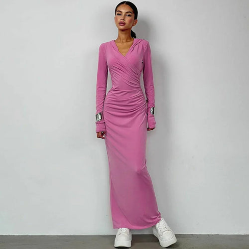 Load image into Gallery viewer, Elegant V Neck Hooded Maxi Dress For Women Autumn Winter New Long Sleeve Bodycon Ruched Fashion Long Dress New
