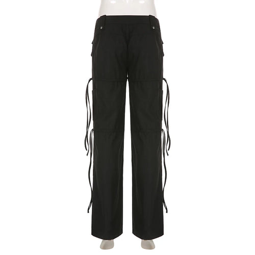 Load image into Gallery viewer, Harajuku Low Waist Black Cargo Trousers Women Pockets Drawstring Casual Shirring Sweatpants Grunge Pants Ribbon
