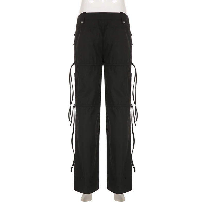 Harajuku Low Waist Black Cargo Trousers Women Pockets Drawstring Casual Shirring Sweatpants Grunge Pants Ribbon