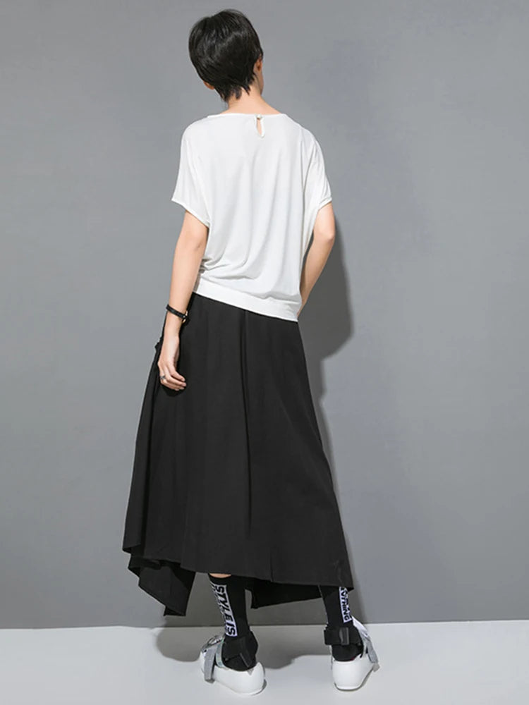 Women Black Irregular Pleated Big Size Casual T-shirt New Round Neck Short Sleeve Fashion Tide Spring Summer 2025 1DJ1755