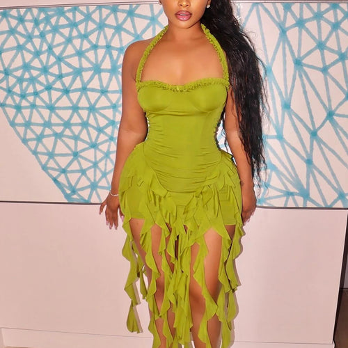 Load image into Gallery viewer, Fashion Halter Solid Backless Tassel Ruffles Sexy Slim Midi Dress Summer Women Elegant Clothes Birthday Festival
