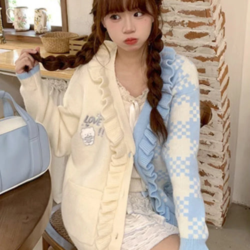 Load image into Gallery viewer, Preppy Style Contrast Color Cardigans Loose Cartoon Embroidery Sweet Knitted Sweater Harajuku Female Ruffled Patchwork Jackets
