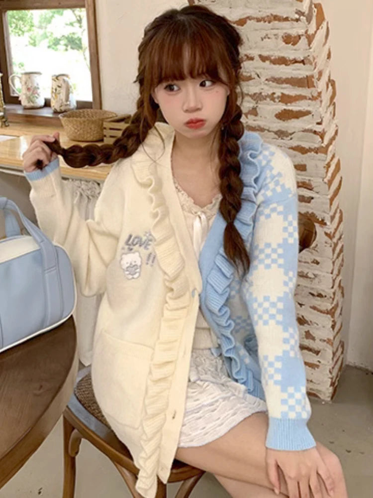 Preppy Style Contrast Color Cardigans Loose Cartoon Embroidery Sweet Knitted Sweater Harajuku Female Ruffled Patchwork Jackets