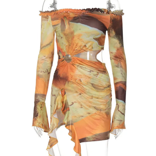 Load image into Gallery viewer, Hollow Out Print Sexy Mini Dress For Women Autumn New Off-shoulder Long Sleeve Bodycon Ruffled Slit Sexy Dress New
