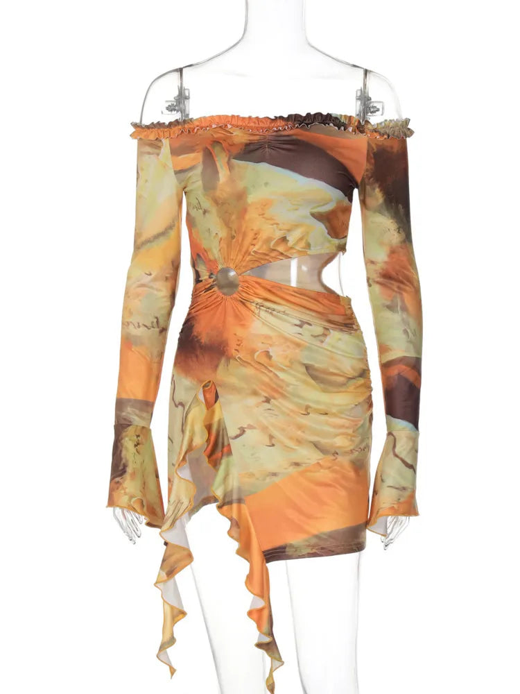 Hollow Out Print Sexy Mini Dress For Women Autumn New Off-shoulder Long Sleeve Bodycon Ruffled Slit Sexy Dress New