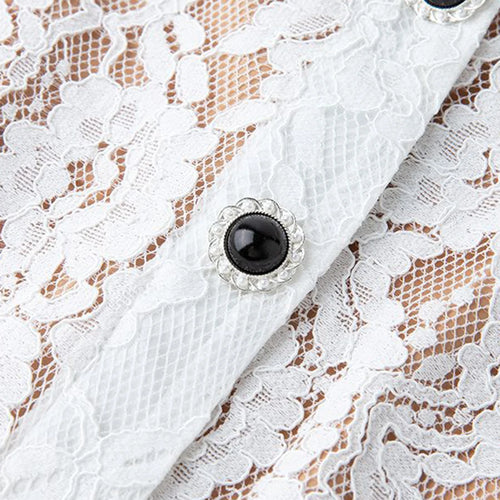 Load image into Gallery viewer, Solid Spliced Lace Slimming Dresses For Women O Neck Short Sleeve High Waist Patchwork Button Dress Female Fashion
