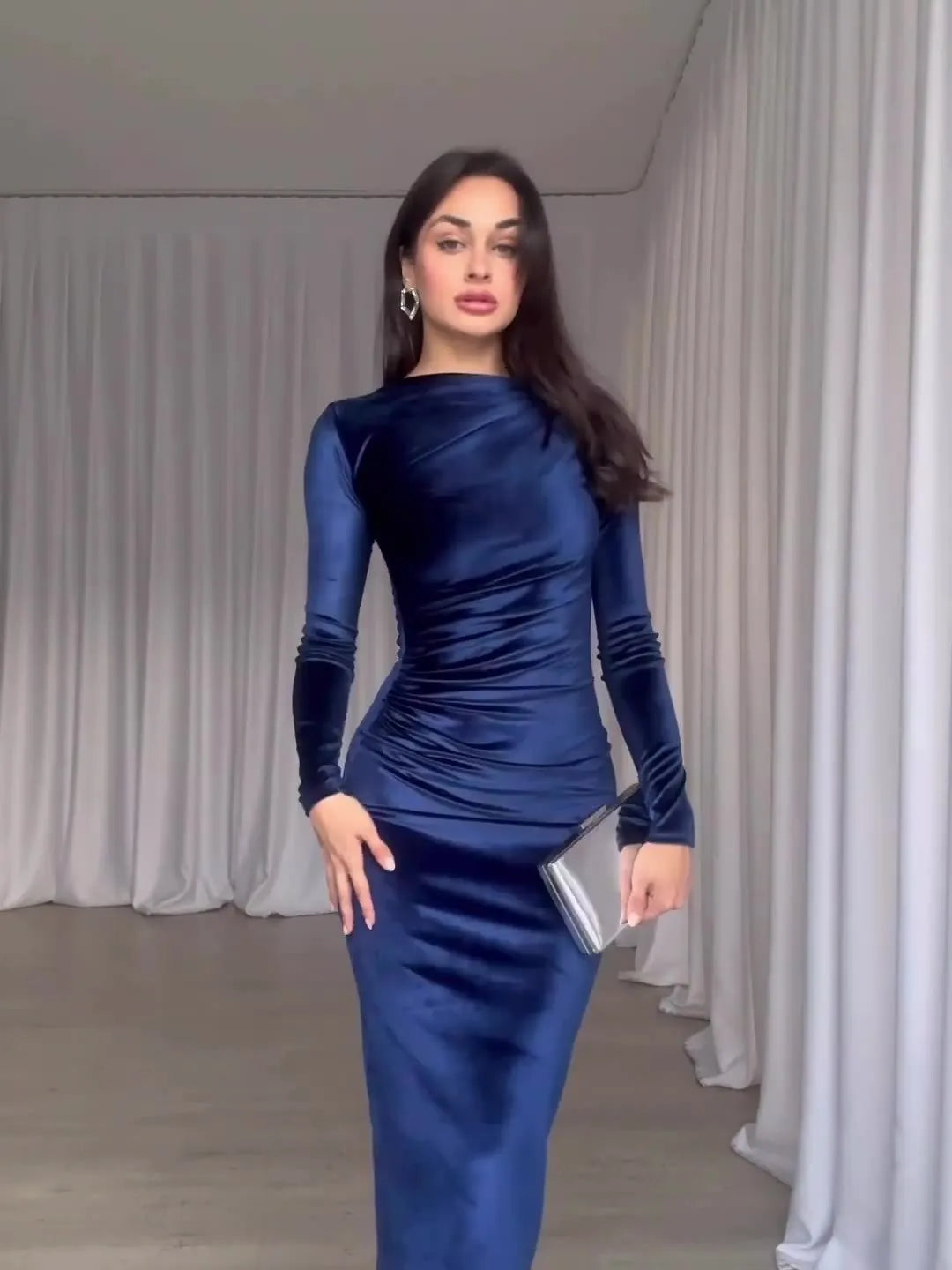 Elegant Long Sleeved Velvet Dress For Women Noble Velvet Slim Sexy Slit Irregular Dress Long Dress Party Evening Dress