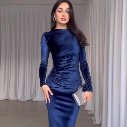 Load image into Gallery viewer, Elegant Long Sleeved Velvet Dress For Women Noble Velvet Slim Sexy Slit Irregular Dress Long Dress Party Evening Dress
